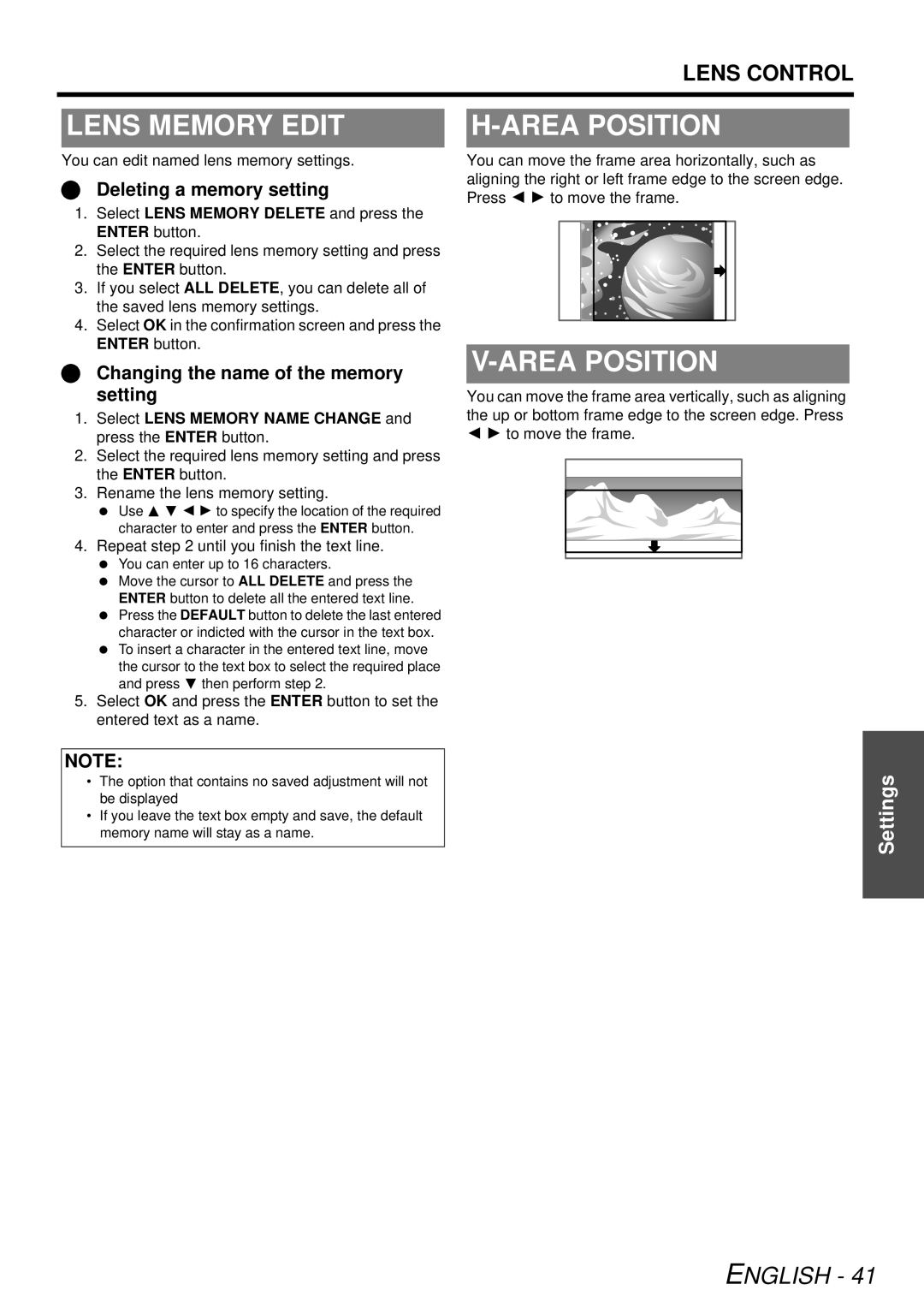 Panasonic PT-AE3000U manual Lens Memory Edit, Area Position, You can edit named lens memory settings 