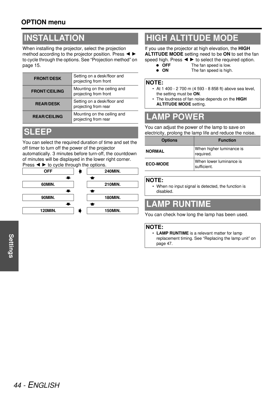 Panasonic PT-AE3000U manual Installation, Sleep, High Altitude Mode, Lamp Power, Lamp Runtime 