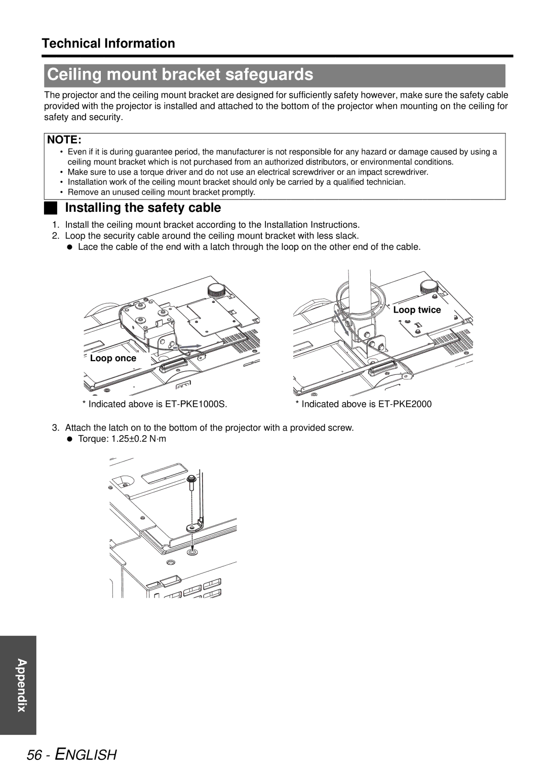 Panasonic PT-AE3000U manual Ceiling mount bracket safeguards, Installing the safety cable, Loop twice Loop once 