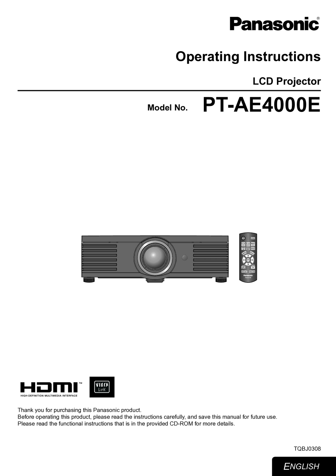 Panasonic PT-AE4000E operating instructions Operating Instructions 