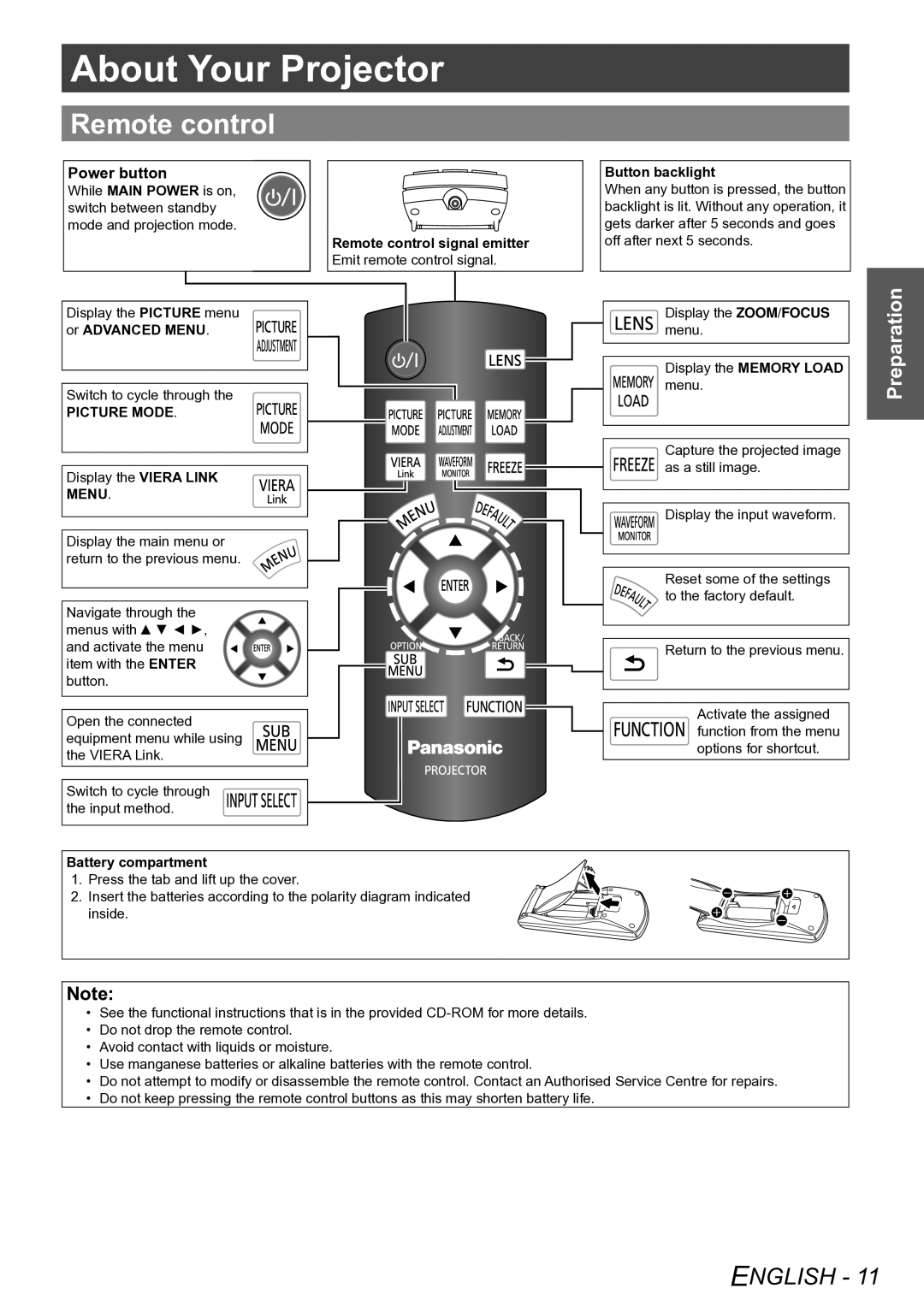 Panasonic PT-AE4000E operating instructions About Your Projector, Remote control, Power button 