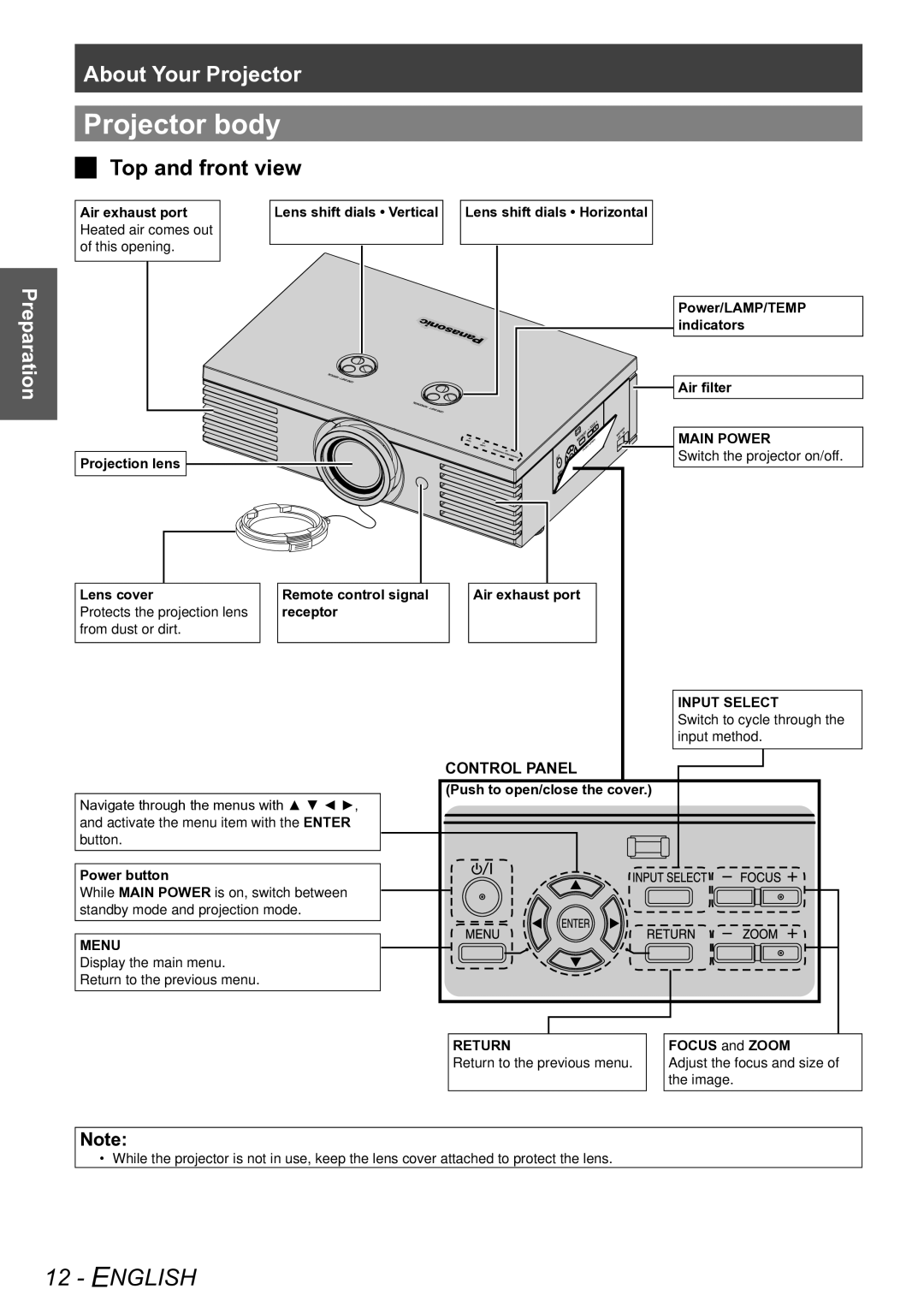 Panasonic PT-AE4000E operating instructions Projector body, JJ Top and front view 