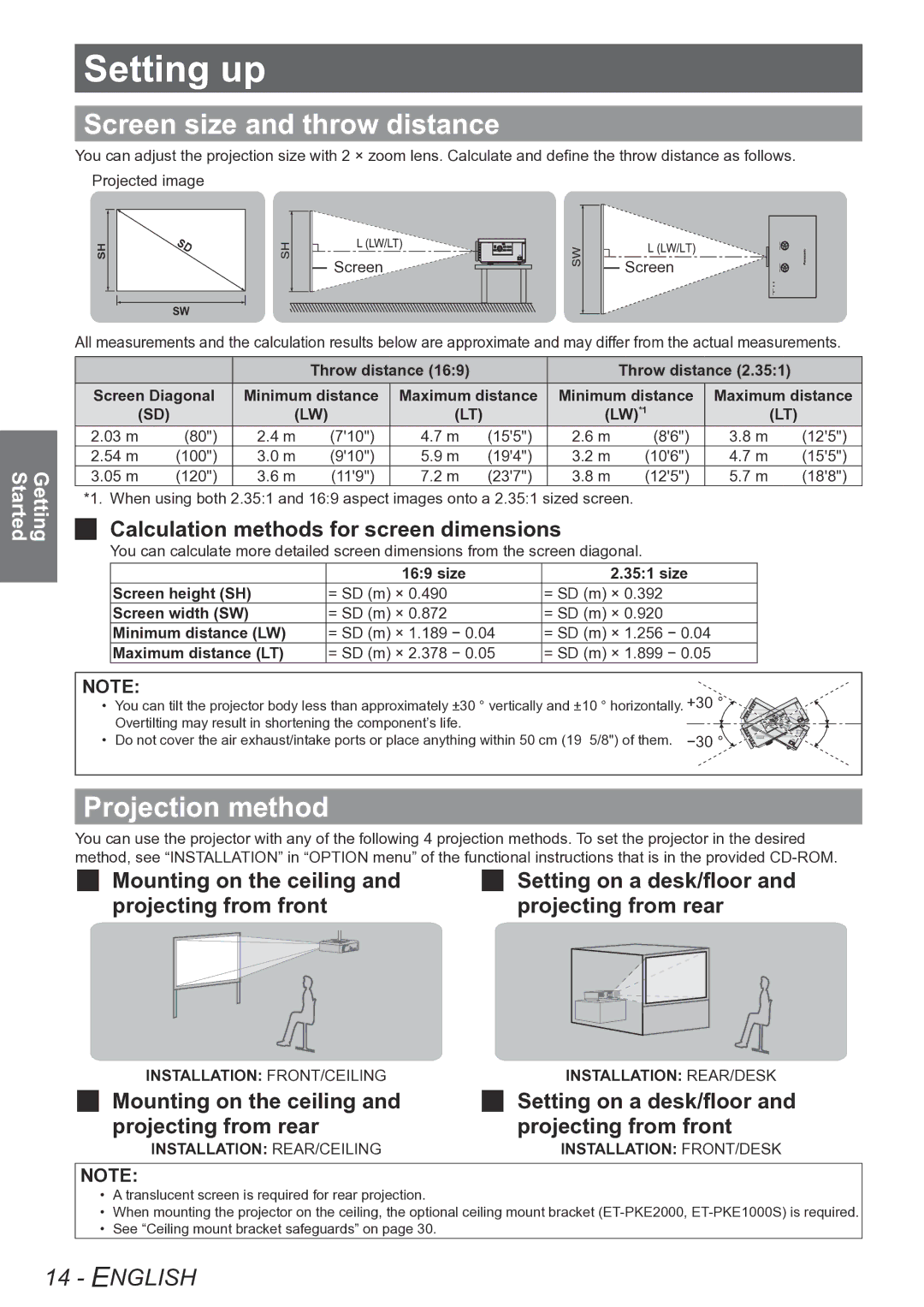 Panasonic PT-AE4000E operating instructions Setting up, Screen size and throw distance, Projection method 