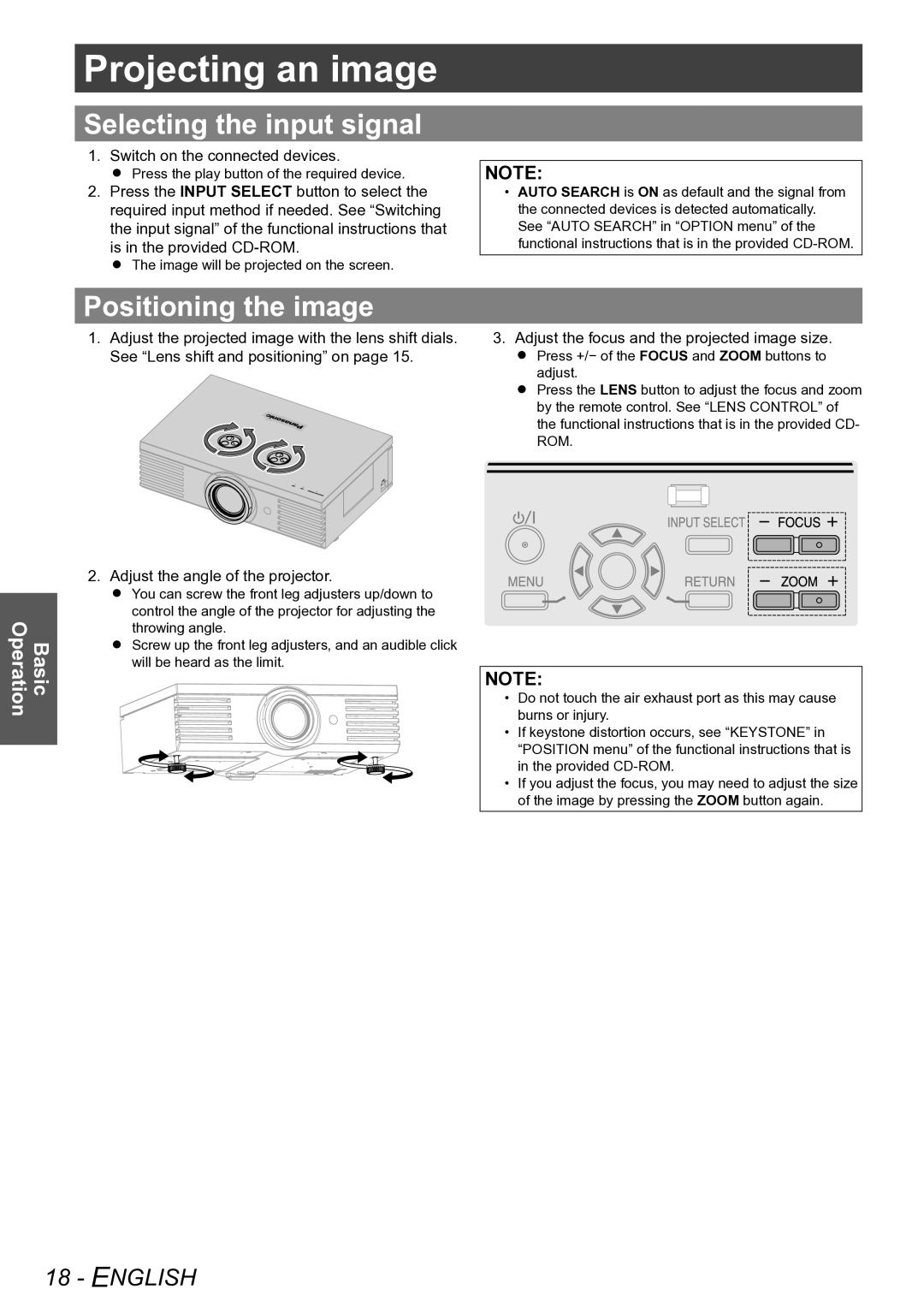 Panasonic PT-AE4000E operating instructions Projecting an image, Selecting the input signal, Positioning the image 