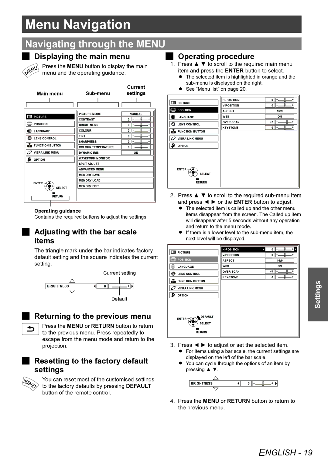 Panasonic PT-AE4000E operating instructions Menu Navigation, Navigating through the Menu 