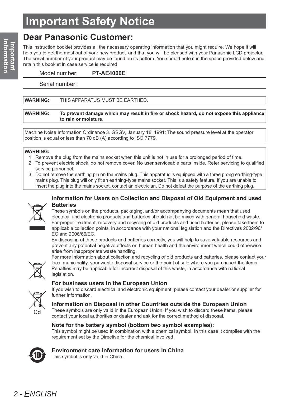 Panasonic PT-AE4000E Important Safety Notice, For business users in the European Union, This symbol is only valid in China 