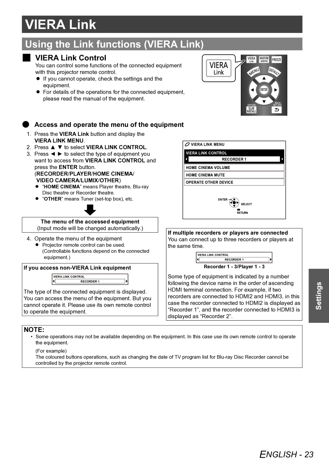 Panasonic PT-AE4000E operating instructions Using the Link functions Viera Link, JJ Viera Link Control 