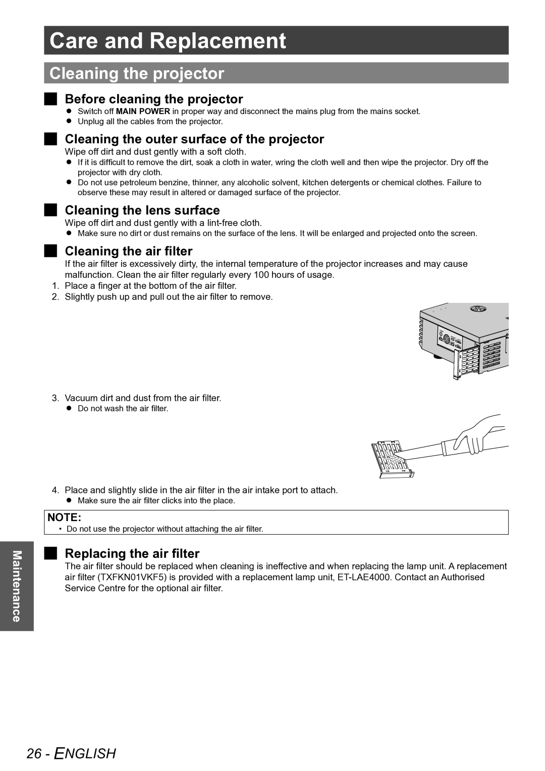 Panasonic PT-AE4000E operating instructions Care and Replacement, Cleaning the projector 