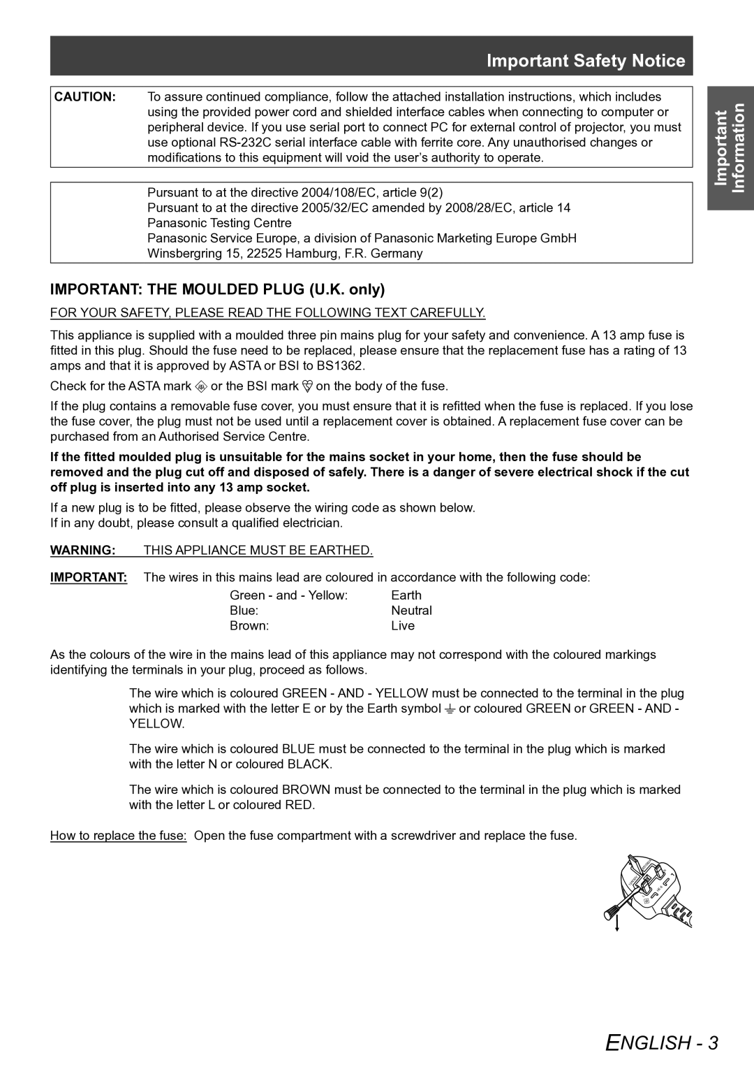 Panasonic PT-AE4000E operating instructions Important Safety Notice, Important the Moulded Plug U.K. only 