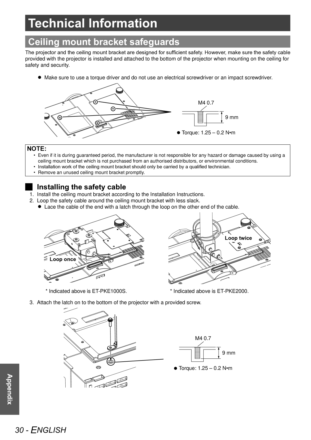 Panasonic PT-AE4000E Technical Information, Ceiling mount bracket safeguards, JJ Installing the safety cable 