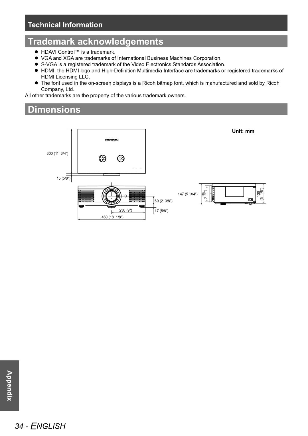 Panasonic PT-AE4000E operating instructions Trademark acknowledgements, Dimensions, Unit mm 