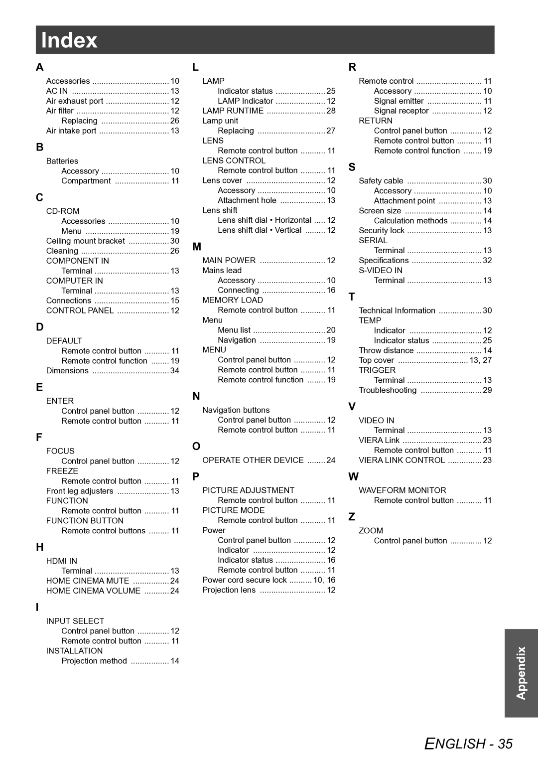 Panasonic PT-AE4000E operating instructions Index, Lens Control 