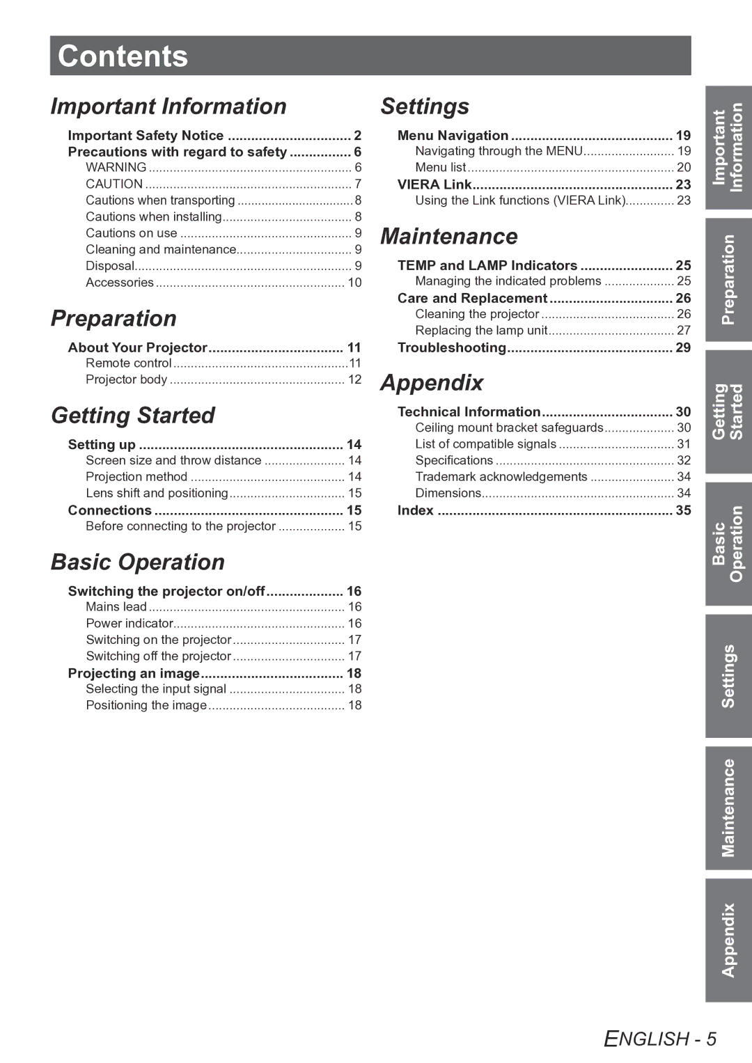 Panasonic PT-AE4000E operating instructions Contents 