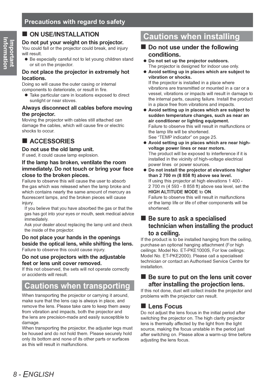 Panasonic PT-AE4000E operating instructions „„Be sure to ask a specialised, Do not put your weight on this projector 