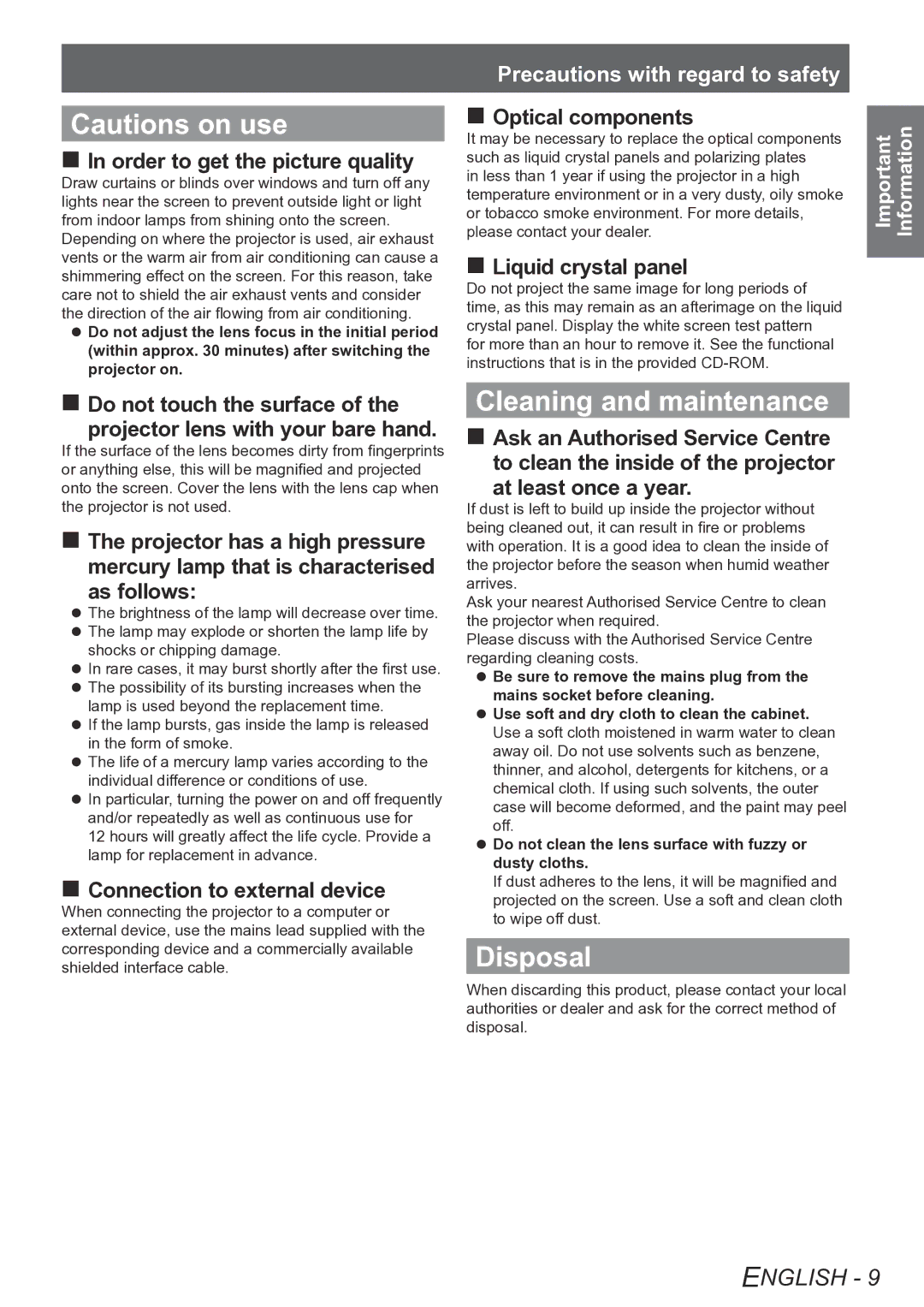 Panasonic PT-AE4000E operating instructions Cleaning and maintenance, Disposal, „„Connection to external device 