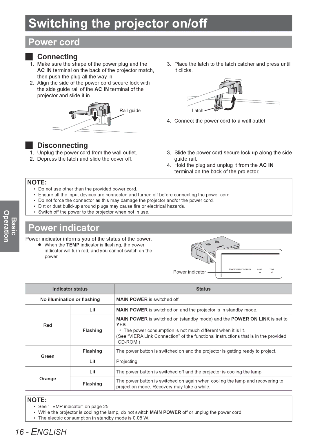 Panasonic PT-AE4000U Switching the projector on/off, Power cord, Power indicator, JJ Connecting, JJ Disconnecting 