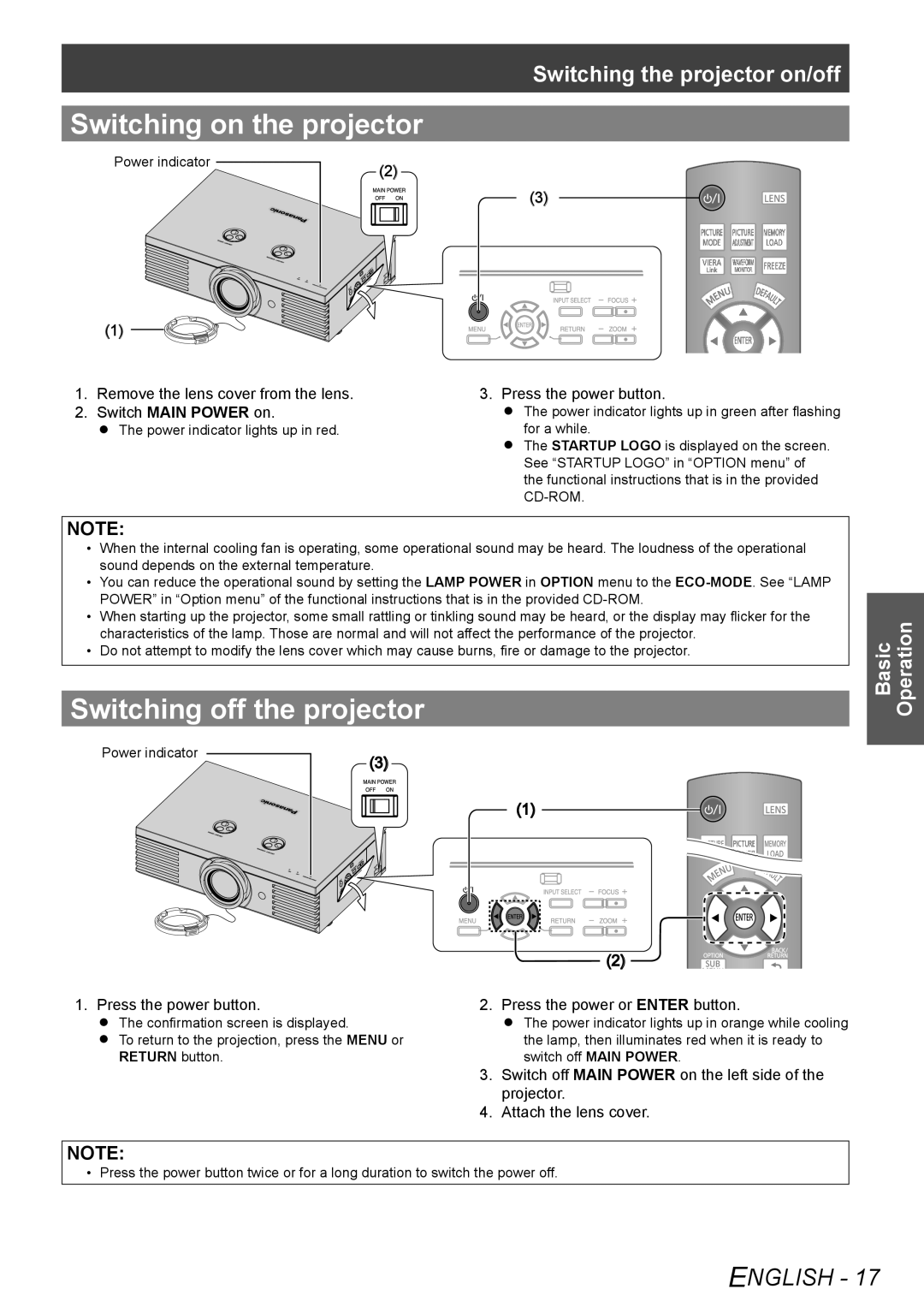 Panasonic PT-AE4000U Switching on the projector, Switching off the projector, Press the power or Enter button 