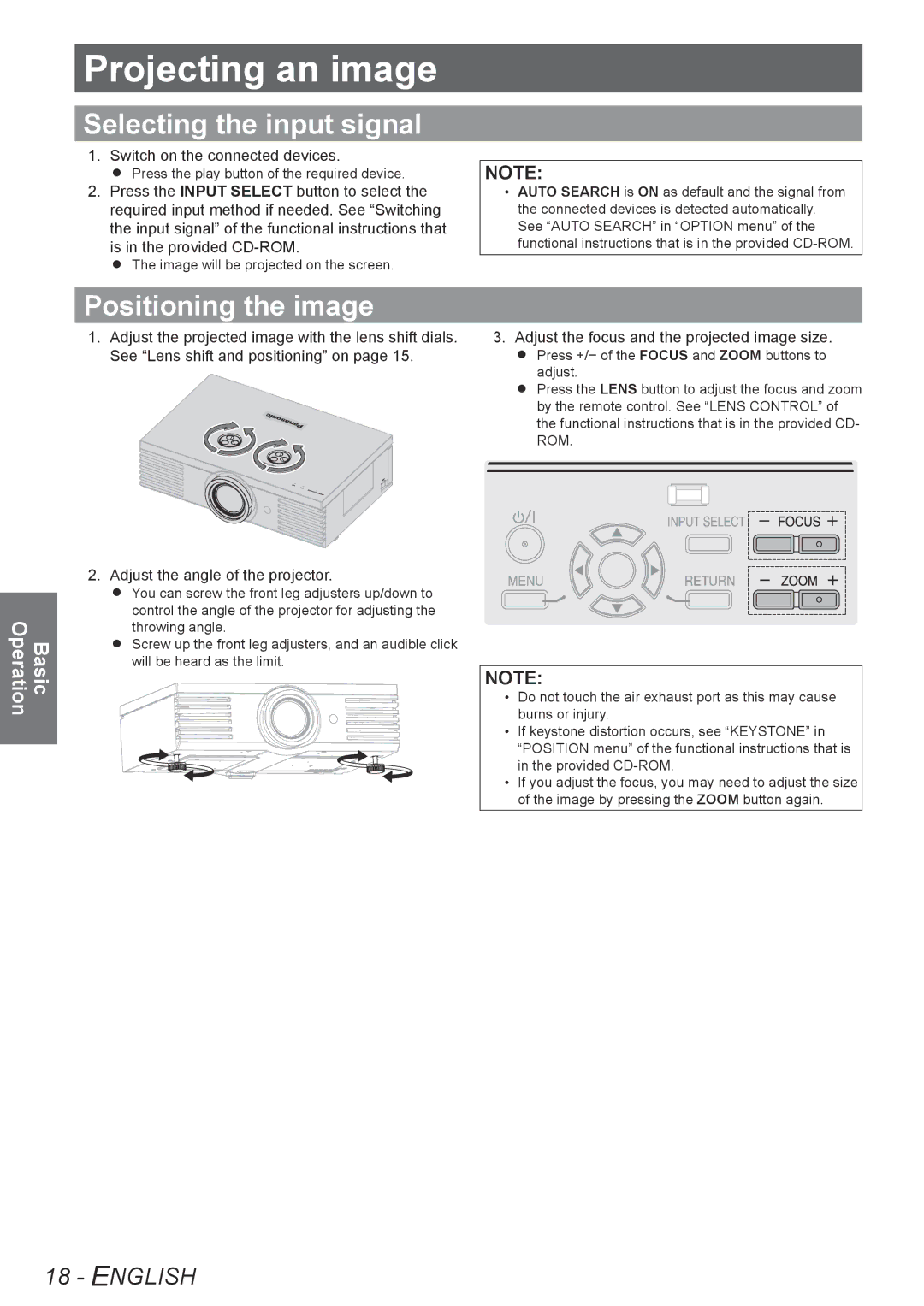 Panasonic PT-AE4000U operating instructions Projecting an image, Selecting the input signal, Positioning the image 