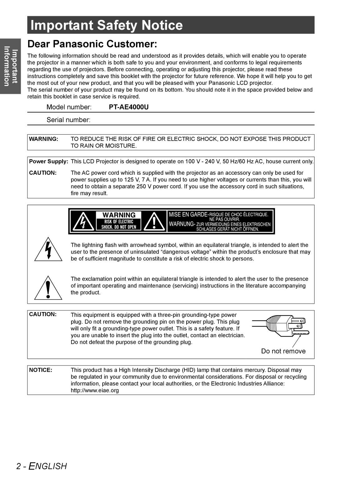 Panasonic PT-AE4000U operating instructions Important Safety Notice 