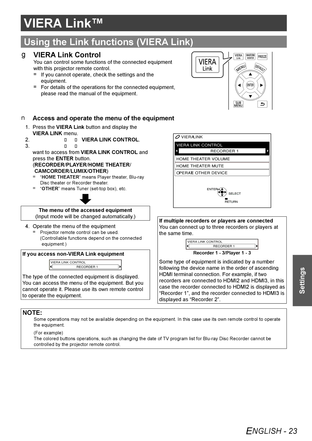 Panasonic PT-AE4000U operating instructions Using the Link functions Viera Link, JJ Viera Link Control 