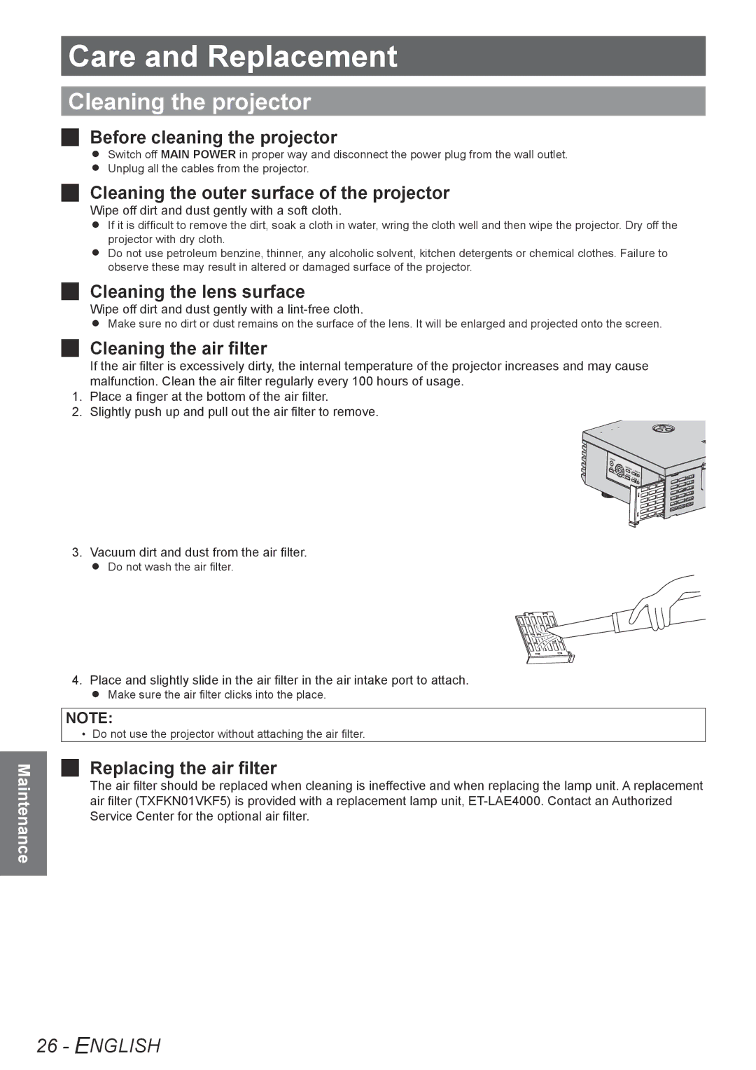 Panasonic PT-AE4000U operating instructions Care and Replacement, Cleaning the projector 