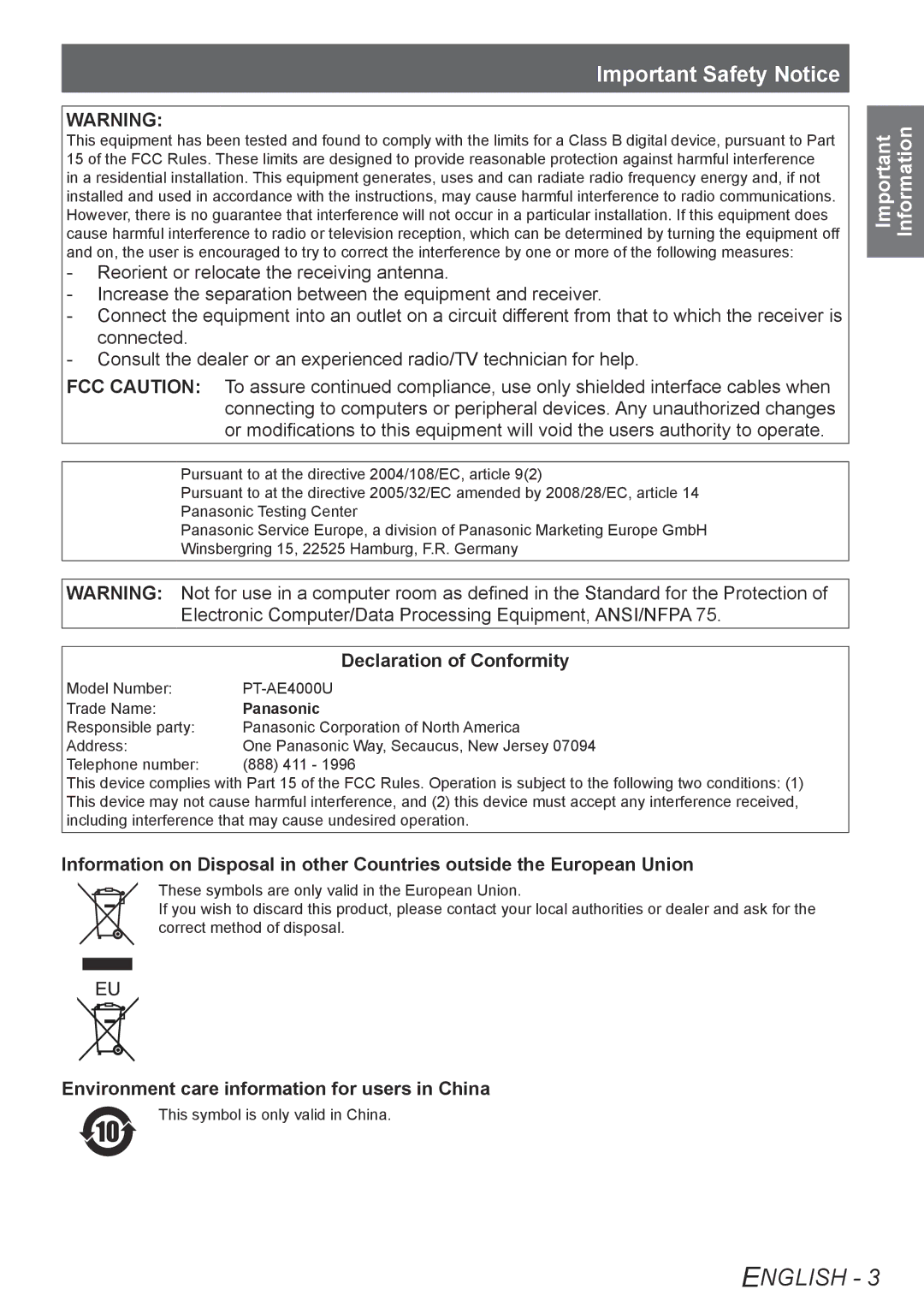 Panasonic PT-AE4000U Declaration of Conformity, Environment care information for users in China, Panasonic 