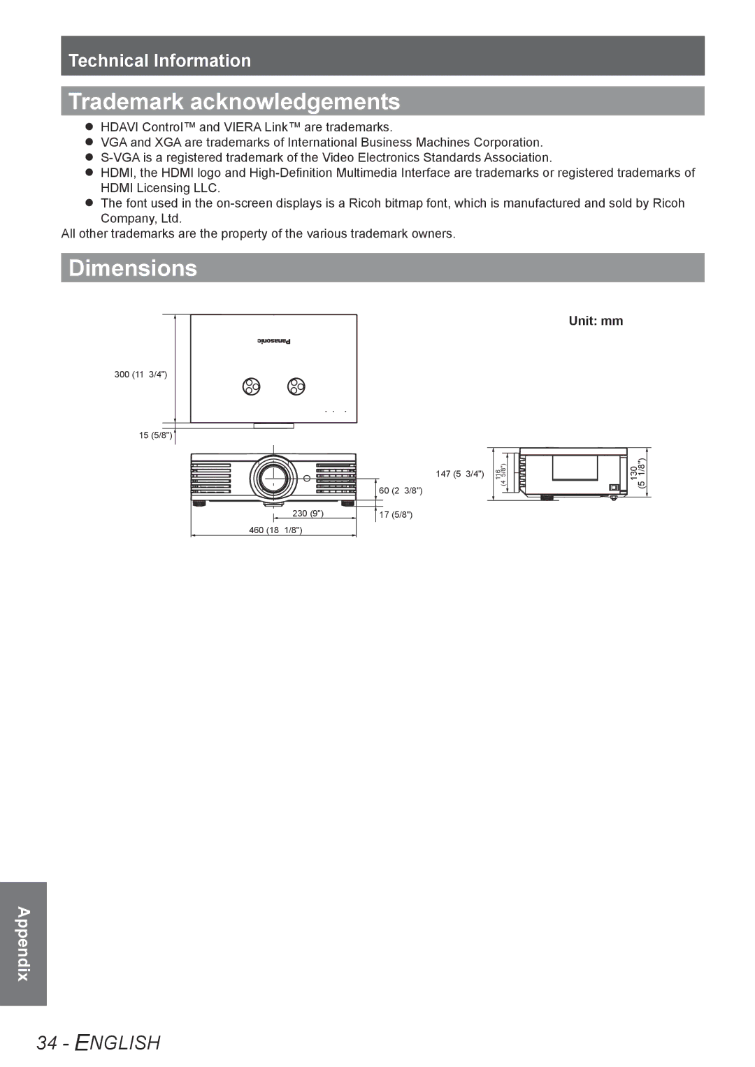 Panasonic PT-AE4000U operating instructions Trademark acknowledgements, Dimensions, Unit mm 