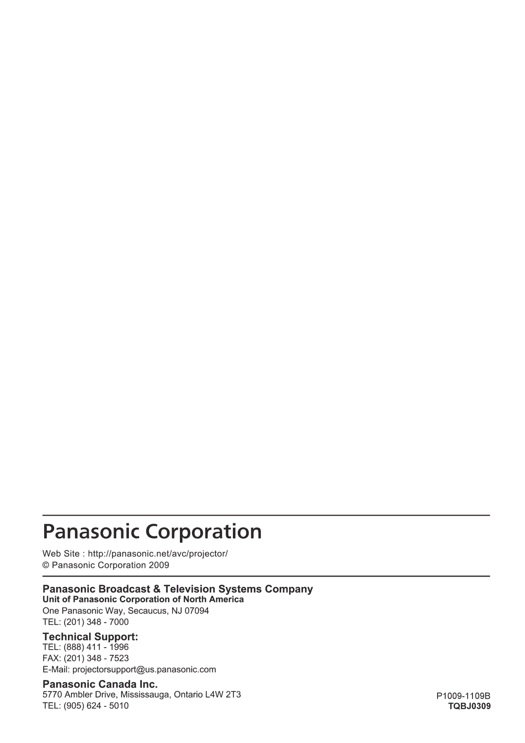 Panasonic PT-AE4000U operating instructions P1009-1109B TQBJ0309 