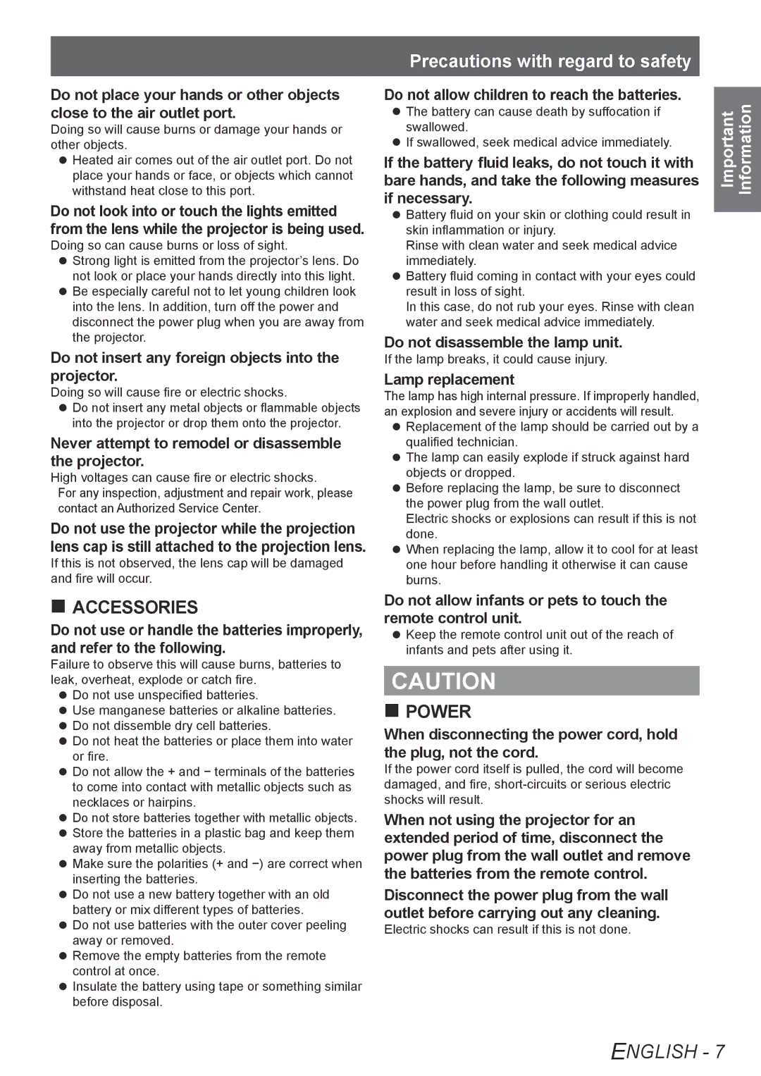 Panasonic PT-AE4000U Do not insert any foreign objects into the projector, Do not allow children to reach the batteries 