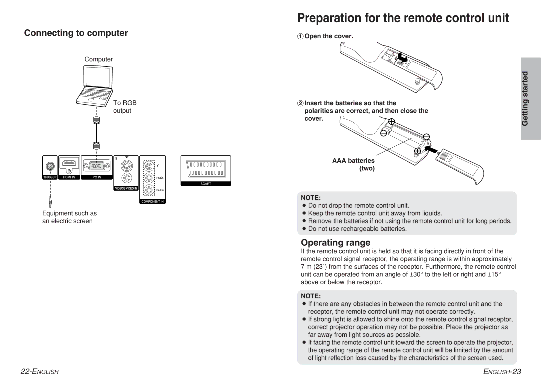 Panasonic PT-AE700 operating instructions Connecting to computer, Operating range 