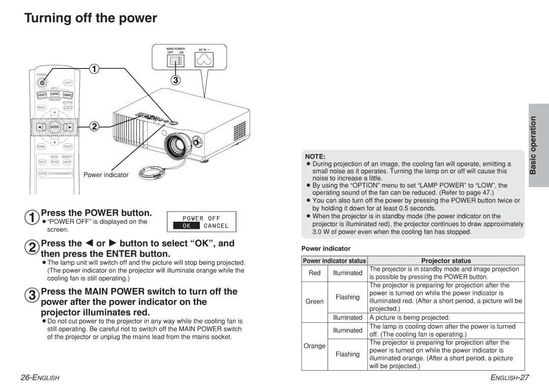 Panasonic PT-AE700 operating instructions Turning off the power, #Press the Power button, Power indicator, Projector status 