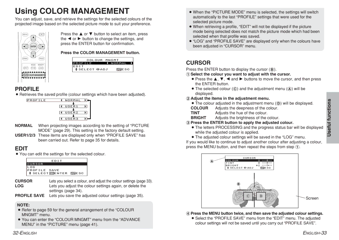 Panasonic PT-AE700 operating instructions Using Color Management, Profile, Edit, Cursor 