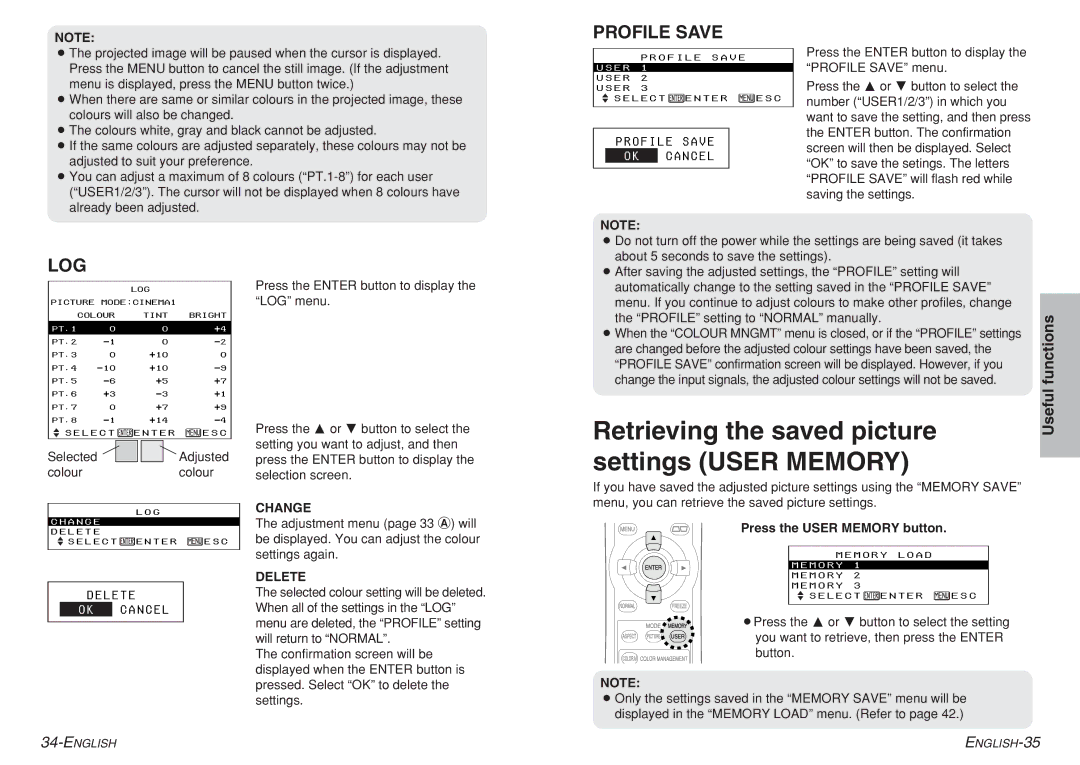 Panasonic PT-AE700 operating instructions Profile Save, Log, Press the User Memory button 