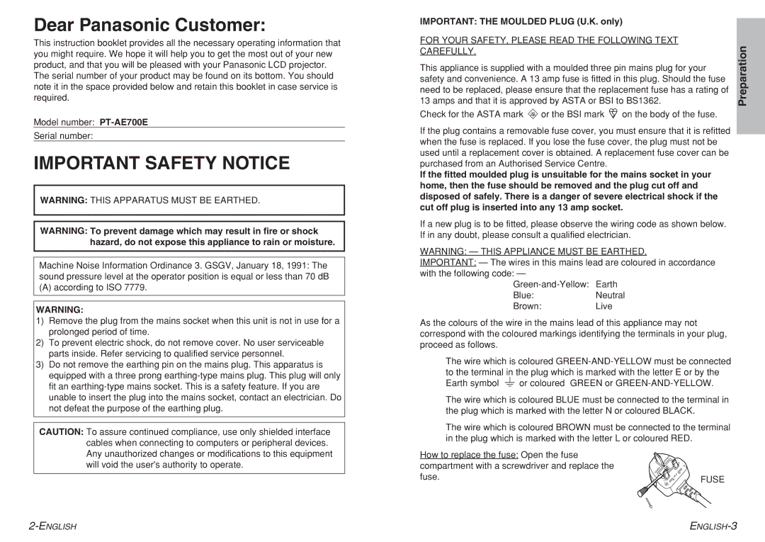 Panasonic PT-AE700 operating instructions Dear Panasonic Customer, Preparation, Important the Moulded Plug U.K. only, Fuse 