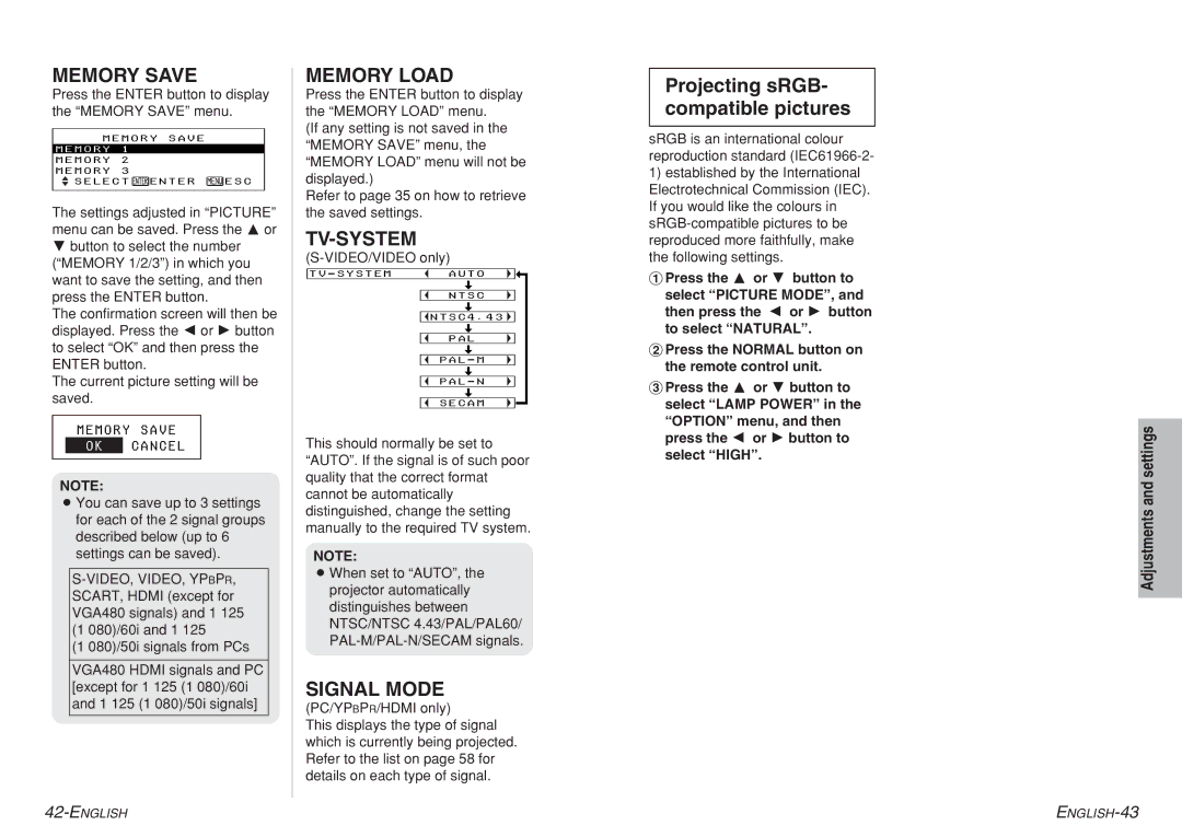 Panasonic PT-AE700 operating instructions Memory Save, Memory Load, Tv-System, Signal Mode 