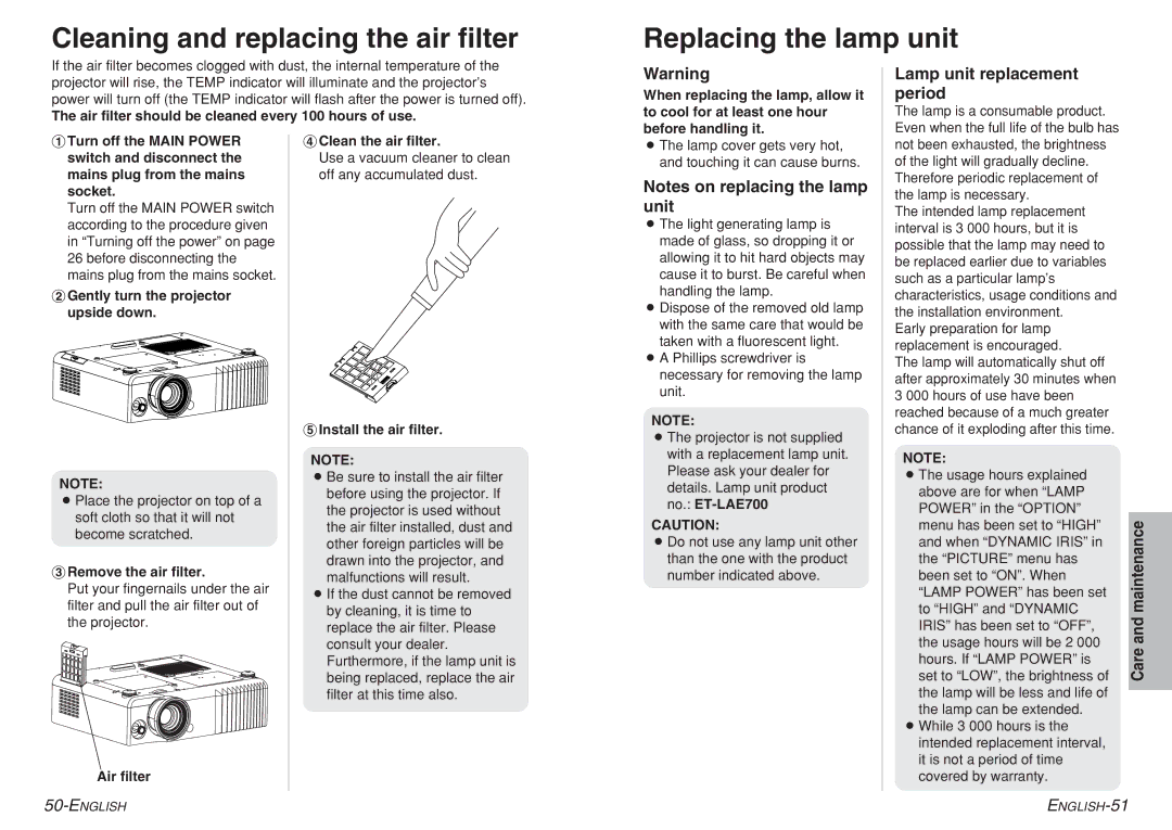 Panasonic PT-AE700 operating instructions Lamp unit replacement period 