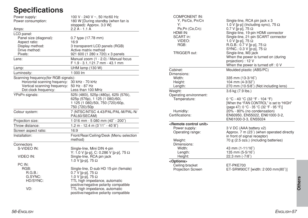 Panasonic PT-AE700 operating instructions Specifications, Remote control unit, Options 