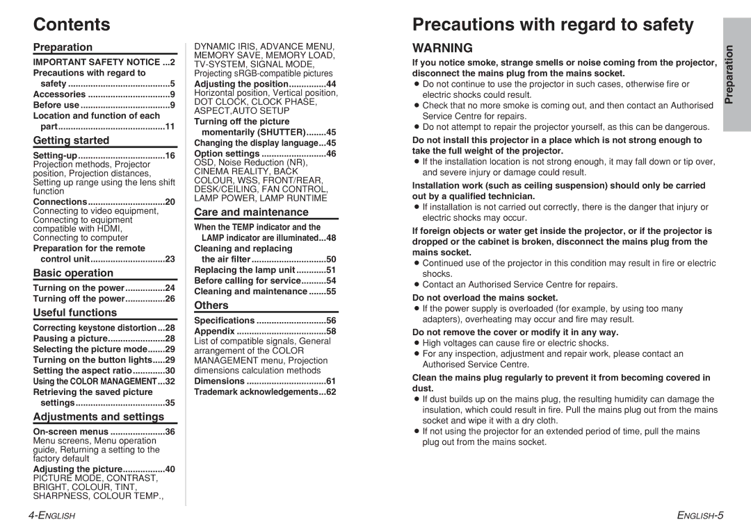 Panasonic PT-AE700 operating instructions Contents, Precautions with regard to safety 