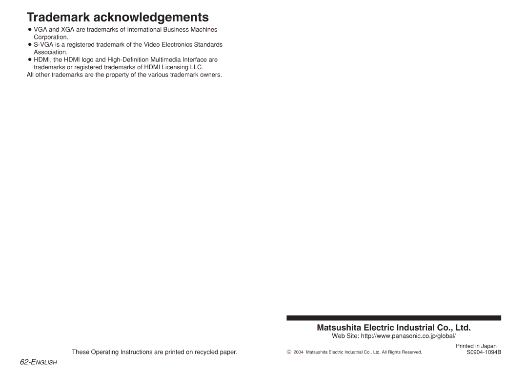 Panasonic PT-AE700 operating instructions Trademark acknowledgements 