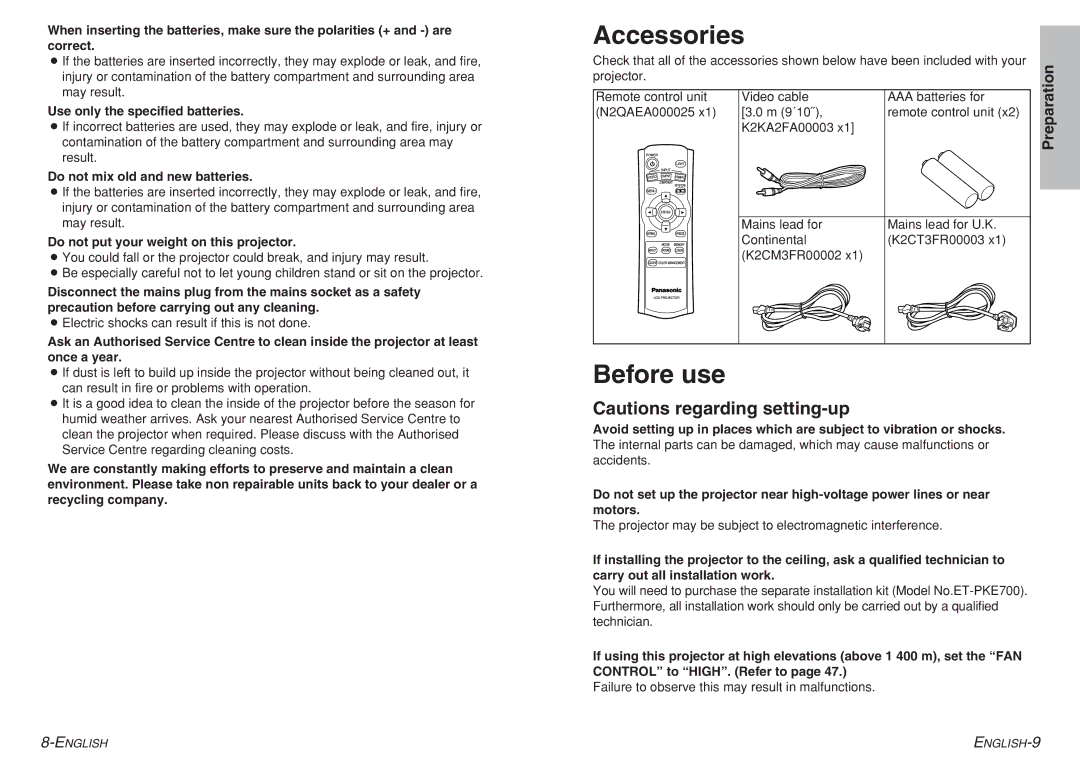 Panasonic PT-AE700 Accessories, Before use, Use only the specified batteries, Do not mix old and new batteries 