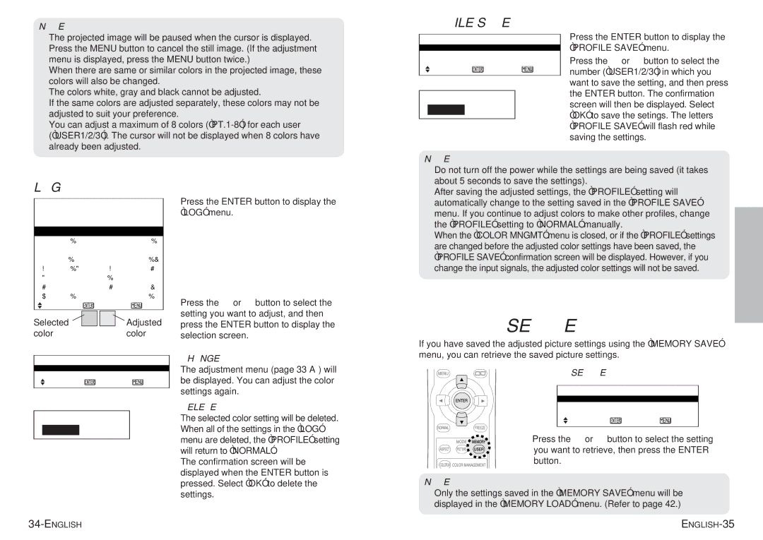 Panasonic PT-AE700U operating instructions Profile Save, Log, Press the User Memory button 