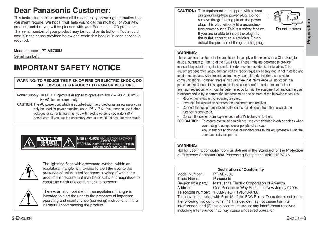 Panasonic PT-AE700U operating instructions Dear Panasonic Customer, Declaration of Conformity 