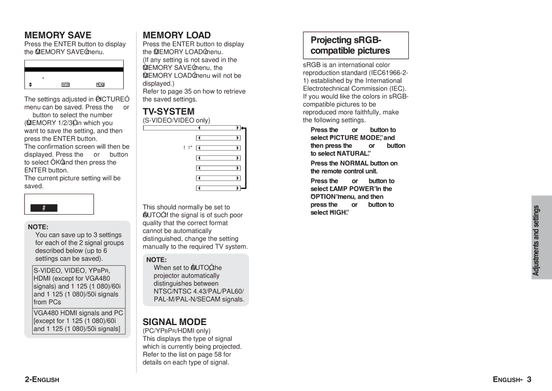 Panasonic PT-AE700U operating instructions Memory Save, Memory Load, Tv-System, Signal Mode 