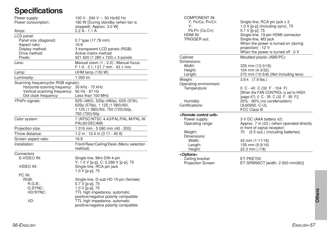 Panasonic PT-AE700U operating instructions Specifications, Remote control unit, Options 