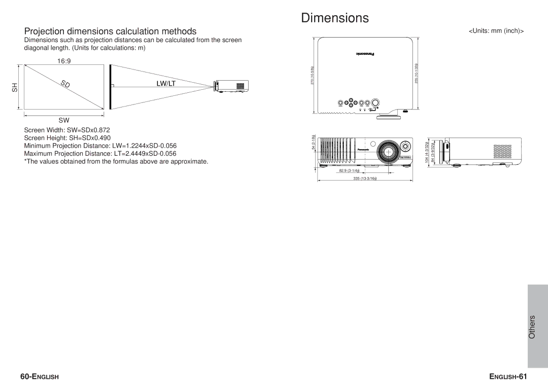 Panasonic PT-AE700U operating instructions Dimensions, Projection dimensions calculation methods 