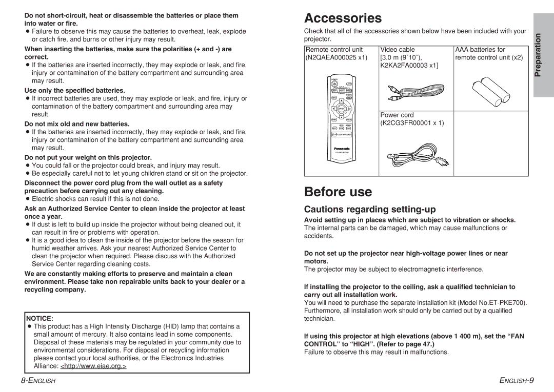 Panasonic PT-AE700U Accessories, Before use, Use only the specified batteries, Do not mix old and new batteries 