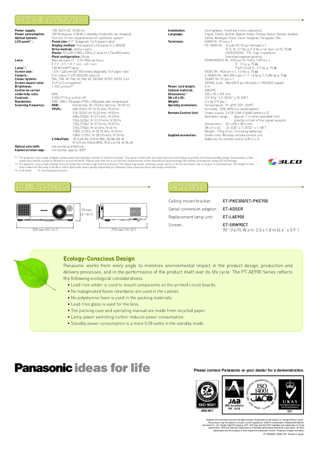 Panasonic pt-ae900e manual Specifications 