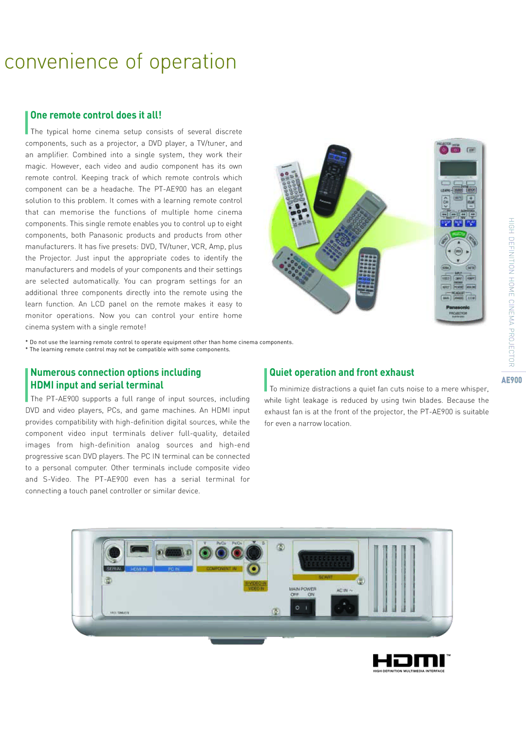 Panasonic pt-ae900e manual Convenience of operation, One remote control does it all, Quiet operation and front exhaust 