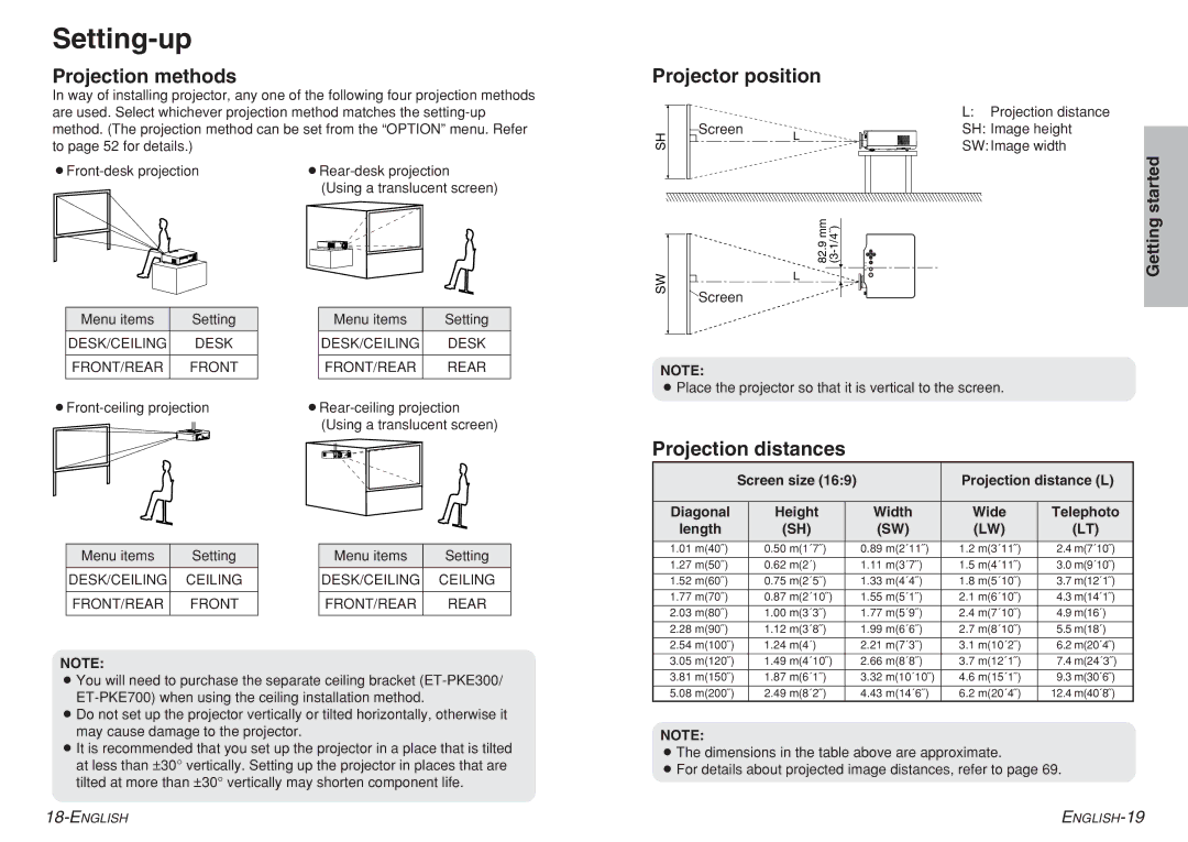 Panasonic pt-ae900e manual Setting-up, Projection methods, Projector position, Projection distances 