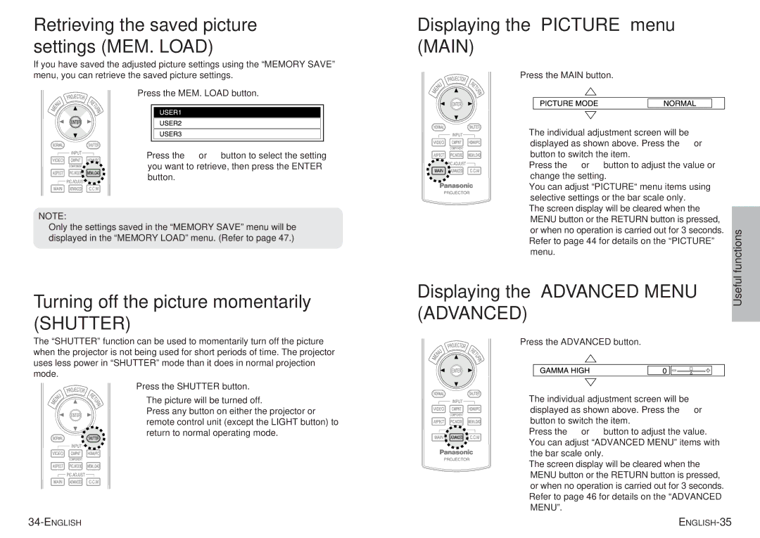 Panasonic pt-ae900e manual Turning off the picture momentarily Shutter, Displaying the Picture menu Main, Useful 